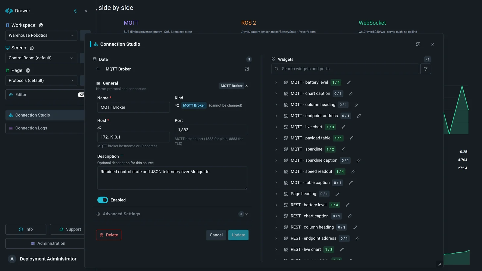 Flintbay 소스 편집기: MQTT 브로커의 이름, 프로토콜, 호스트, 포트